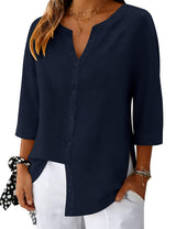 LOMON 3/4 Length Sleeve Womens Tops V Neck 3/4 Sleeve Sides Slit Button Down Shirts Cotton Linen Casual Loose Blouses