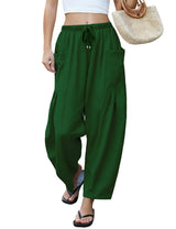 LOMON Womens Wide Leg Linen Pants Casual Drawstring Palazzo Harem Pants Summer Loose Beach Travel Vacation Pants with Pockets