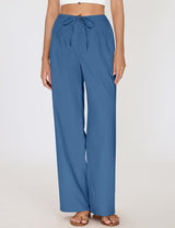 LOMON Womens Linen Pants Summer Wide Leg Cotton Pants Drawstring Elastic Waist Casual Loose Slacks Work Trousers with Pockets