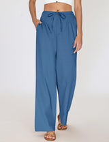 LOMON Womens Linen Pants Summer Wide Leg Cotton Pants Drawstring Elastic Waist Casual Loose Slacks Work Trousers with Pockets