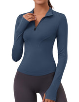 LOMON Womens Long Sleeve Workout Tops Quick Dry Quarter Zip Pullover Crop Yoga Athletic Slim Fit Shirts