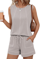 LOMON Womens Two Piece Short Sets Summer Round Neck Sleeveless Tank Tops Drawstring Elastic Waist Shorts with Pockets