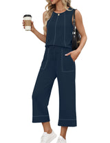 LOMON Two Piece Sets for Women Summer Outfits Sleeveless Tank Tops Wide Leg Crop Pants Matching Lounge Vacation Travel