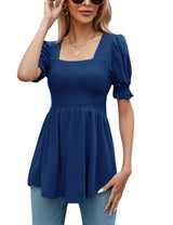 LOMON Women's Tunics Square Neck Puff Short Sleeve Smocked Top Ladies Peplum Blouse Tee Shirts 2025 Spring Summer S-XL