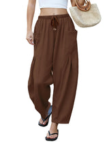 LOMON Womens Wide Leg Linen Pants Casual Drawstring Palazzo Harem Pants Summer Loose Beach Travel Vacation Pants with Pockets