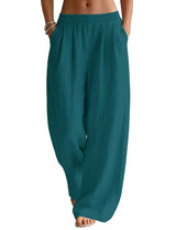 LOMON Linen Pants Women Wide Leg Palazzo Summer Flowy Pants Beach Vacation Clothes Elastic Waist Travel Trousers with Pockets
