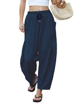LOMON Womens Wide Leg Linen Pants Casual Drawstring Palazzo Harem Pants Summer Loose Beach Travel Vacation Pants with Pockets