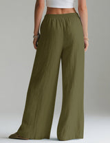 LOMON Linen Pants Women Wide Leg Palazzo Summer Flowy Pants Beach Vacation Clothes Elastic Waist Travel Trousers with Pockets
