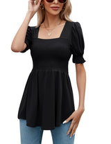 LOMON Women's Tunics Square Neck Puff Short Sleeve Smocked Top Ladies Peplum Blouse Tee Shirts 2025 Spring Summer S-XL