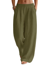LOMON Linen Pants Women Wide Leg Palazzo Summer Flowy Pants Beach Vacation Clothes Elastic Waist Travel Trousers with Pockets