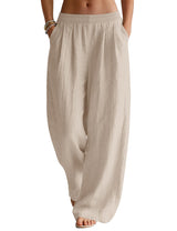 LOMON Linen Pants Women Wide Leg Palazzo Summer Flowy Pants Beach Vacation Clothes Elastic Waist Travel Trousers with Pockets
