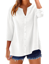 LOMON Womens 3/4 Sleeve Button Down Shirts Cotton Linen Roll Up Short Sleeve Tops V Neck Casual Loose Fit Blouses