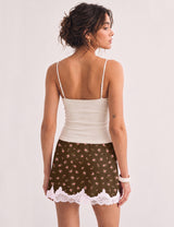 LOMON Women Lace Hem Satin Mini Skirt with Built-in Shorts