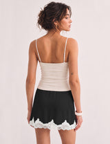 LOMON Women Lace Hem Satin Mini Skirt with Built-in Shorts