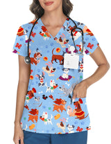 LOMON Women's V Neck Printed Scrub Top with 3 Pockets