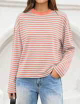 LOMON Striped Long Sleeve Shirt Women Y2k Oversized Crewneck Fall Spring Drop Shoulder Vintage Tops Teen Girl Clothes