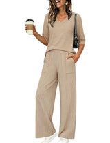 LOMON Women's 2 Piece Lounge Pajama Sets Soft 3/4 Sleeve Tops and Wide Leg Pants Loose Casual Outfits with Pockets