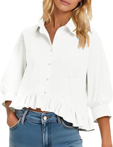 LOMON Womens 3/4 Sleeve Button Down Tops Dressy Casual Collared Shirts Blouses Ruffle Babydoll Tops Loose Fit
