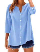 LOMON Womens 3/4 Sleeve Button Down Shirts Cotton Linen Roll Up Short Sleeve Tops V Neck Casual Loose Fit Blouses