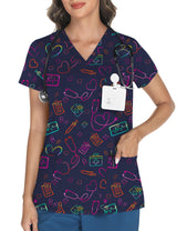 LOMON Women's V Neck Printed Scrub Top with 3 Pockets