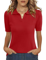 LOMON Womens Puff Short Sleeve Polo Sweater V Neck Knitted Tops Casual Ribbed Shirt Pullover Blouse
