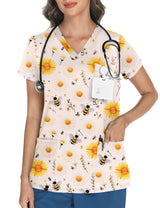 LOMON Women's V Neck Printed Scrub Top with 3 Pockets