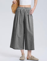 LOMON Womens Wide Leg Capri Pants Gingham Plaid Culottes Summer Elastic Waist Palazzo Trousers Bottoms with Pockets