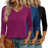 LOMON 3 Pack Tops for Women 3/4 Sleeve V Neck Basics Tees Business Casual Summer T Shirts