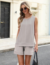 LOMON Womens Two Piece Short Sets Summer Round Neck Sleeveless Tank Tops Drawstring Elastic Waist Shorts with Pockets
