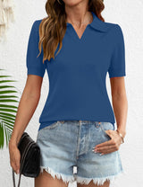 LOMON Womens Puff Short Sleeve Polo Sweater V Neck Knitted Tops Casual Ribbed Shirt Pullover Blouse