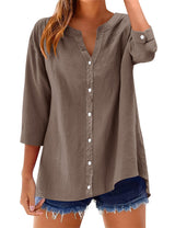 LOMON Womens 3/4 Sleeve Button Down Shirts Cotton Linen Roll Up Short Sleeve Tops V Neck Casual Loose Fit Blouses