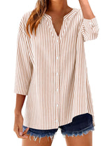 LOMON Cotton 3/4 Sleeve Button Down Shirts for Women Gingham Plaid Striped Tops V Neck Casual Loose Blouse
