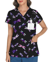 LOMON Women's V Neck Printed Scrub Top with 3 Pockets