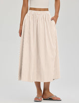 LOMON Midi Skirts for Women A-Line Cotton Flowy Maxi Skirt Boho Summer Beach Casual Elastic Waist Dress Outfit with Pockets