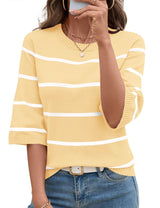 LOMON Womens Sweaters Casual Fall 2025 Crew Neck Striped 3/4 Sleeve Lightweight Knit Trendy Pullover Sweater Tops S-XL
