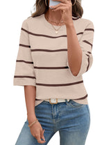 LOMON Womens Sweaters Casual Fall 2025 Crew Neck Striped 3/4 Sleeve Lightweight Knit Trendy Pullover Sweater Tops S-XL