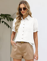 LOMON Linen Shirts for Women Puff Sleeve Button Down Summer Casual Cotton Linen Blouses Collared Work Tops Dressy