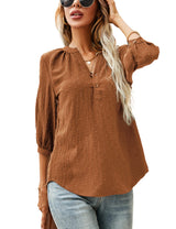 LOMON Women's Casual 3/4 Sleeve Henley V-Neck Button Up Pleated Back Blouses Swiss Dot Blouse Tops T-Shirts S-XXL