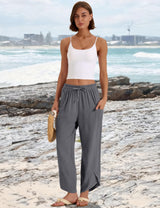 LOMON Women Linen Palazzo Pants Boho Wide Leg Elastic Waisted Casual Capri Pant Summer Harem Lounge with Pockets