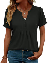 LOMON Womens Tops Dressy Casual V Neck Short Sleeve Shirts Summer Pleated Blouses Button Down Tunic Loose Fit