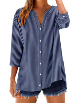 LOMON Cotton 3/4 Sleeve Button Down Shirts for Women Gingham Plaid Striped Tops V Neck Casual Loose Blouse