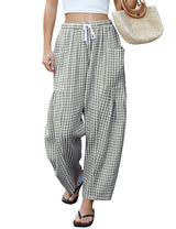 LOMON Womens Wide Leg Linen Pants Casual Drawstring Palazzo Harem Pants Summer Loose Beach Travel Vacation Pants with Pockets