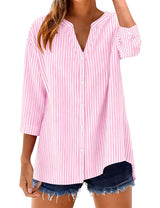 LOMON Cotton 3/4 Sleeve Button Down Shirts for Women Gingham Plaid Striped Tops V Neck Casual Loose Blouse