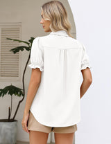 LOMON Linen Shirts for Women Puff Sleeve Button Down Summer Casual Cotton Linen Blouses Collared Work Tops Dressy