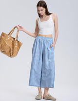 LOMON Womens Wide Leg Capri Pants Gingham Plaid Culottes Summer Elastic Waist Palazzo Trousers Bottoms with Pockets