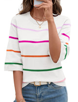 LOMON Womens Sweaters Casual Fall 2025 Crew Neck Striped 3/4 Sleeve Lightweight Knit Trendy Pullover Sweater Tops S-XL