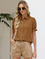 LOMON Linen Shirts for Women Puff Sleeve Button Down Summer Casual Cotton Linen Blouses Collared Work Tops Dressy