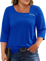 LOMON Womens Plus Size Tops 3/4 Length Sleeve T Shirts Asymmetrical Neck Blouses for Women Fashion 2026
