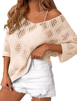 LOMON Womens 3/4 Sleeve Crochet Tops Off Shoulder Hollow Out Sweater V Neck Casual Loose Fit Beach Cover Up