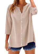 LOMON Womens 3/4 Sleeve Button Down Shirts Cotton Linen Roll Up Short Sleeve Tops V Neck Casual Loose Fit Blouses